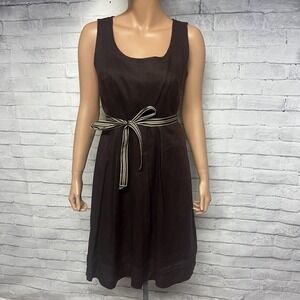 Banana Republic Dress Womens 4 Brown Linen Sleeveless Striped Ribbon Belt Resort